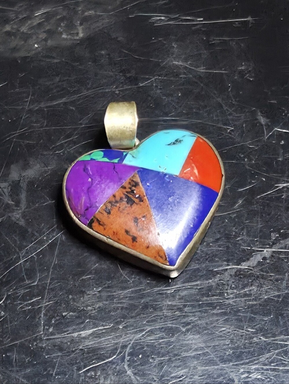 VTG Taxco Mexico 925 Sterling Silver Multi Stone Inlay Patchwork Heart Pendant